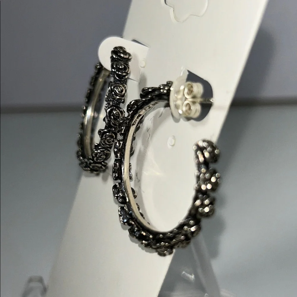NWOT Israeli Designer Sterling Silver Rosebud Flower Hoop Earrings